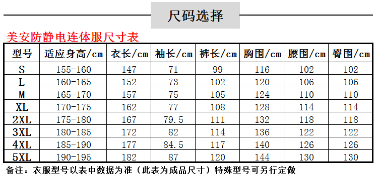 防静电连体服尺码表